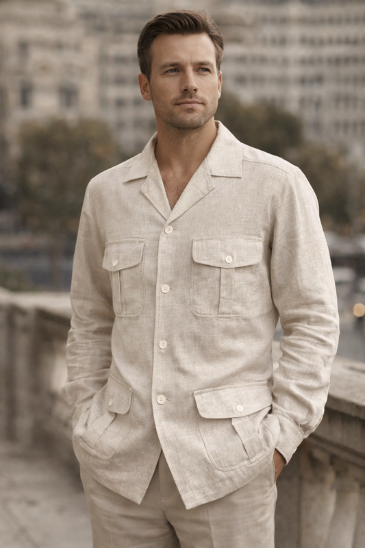 Linen Safari Jacket & Trouser Set  – Sand Beige