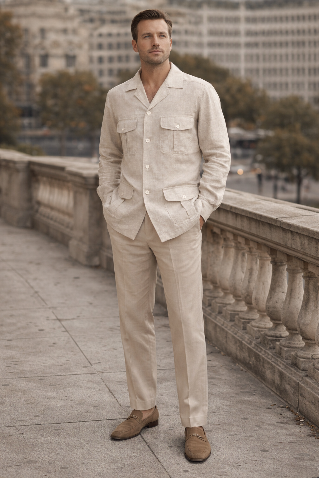 Linen Safari Jacket & Trouser Set  – Sand Beige